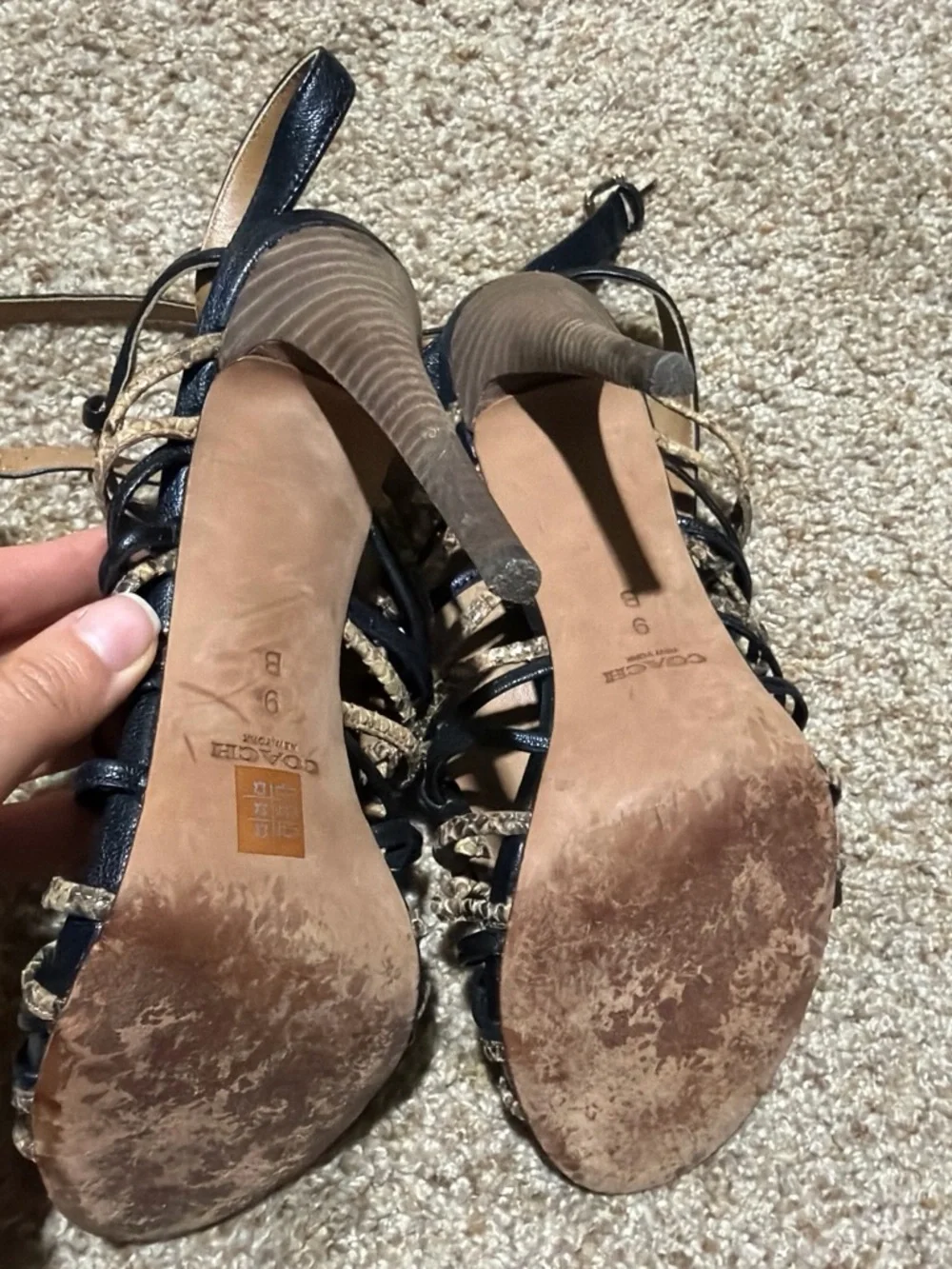 Coach Black Leather Open-Toe Heels with Natural Trim